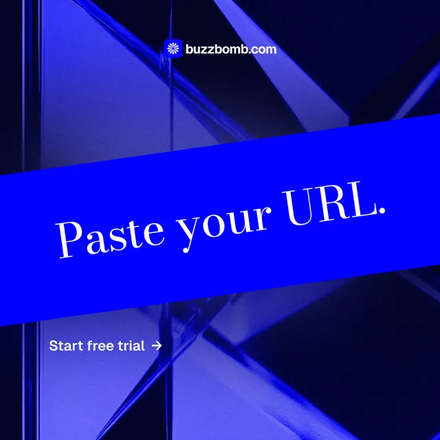 Instagram post for BuzzBomb: "Paste your URL." Minimal luxury style, diagonal layout, dark palette in blue.