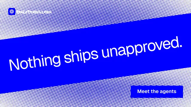 Landscape graphic for BuzzBomb: "Nothing ships unapproved." Swiss style, diagonal layout, dark palette in blue.