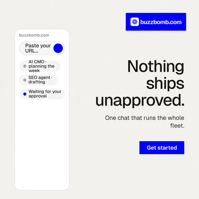 Instagram post for BuzzBomb: "Nothing ships unapproved." Swiss style, right layout, light palette in white, blue.