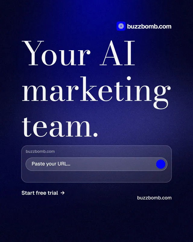 Instagram portrait post for BuzzBomb: "Your AI marketing team." Minimal luxury style, poster layout, dark palette in black, blue, grey.