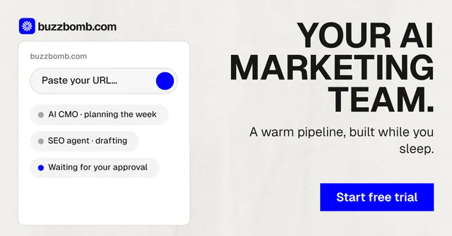 Social ad for BuzzBomb: "Your AI marketing team." Swiss style, right layout, light palette in white, grey.