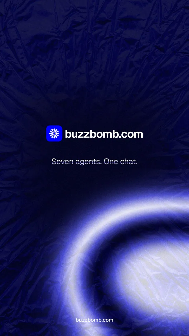 Instagram story for BuzzBomb: "Seven agents. One chat." Agentic glass style, end card layout, dark palette in blue, black.