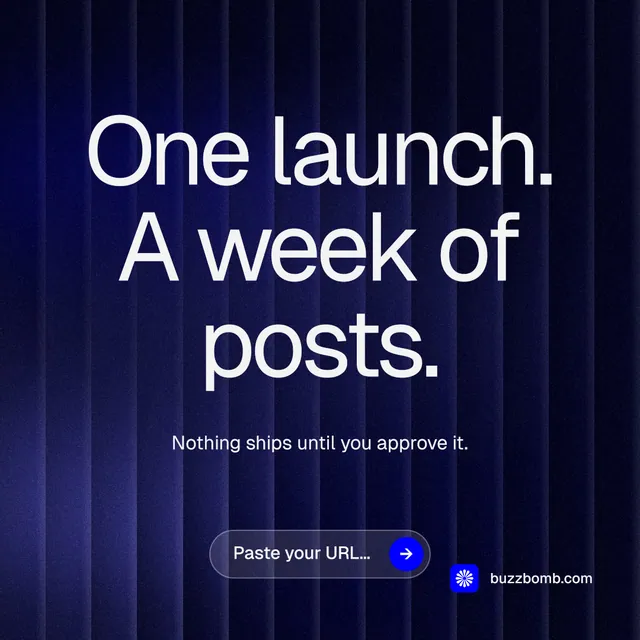 Instagram post for BuzzBomb: "One launch. A week of posts." Agentic glass style, centred layout, dark palette in black, blue, grey.