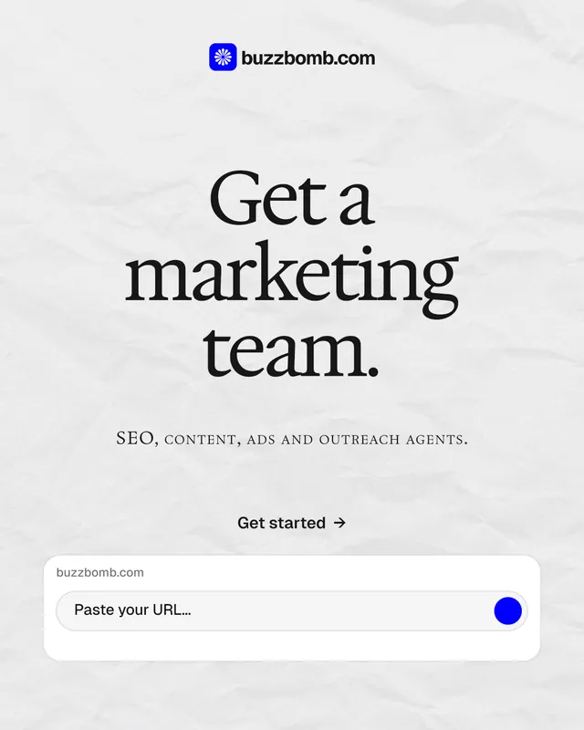 Instagram portrait post for BuzzBomb: "Get a marketing team." Swiss style, smallcaps layout, light palette in white, grey.