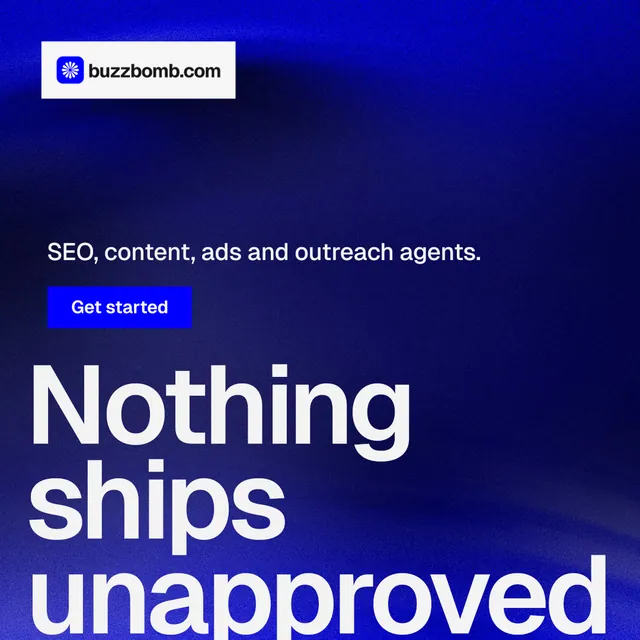 Instagram post for BuzzBomb: "Spark some growth today." Swiss style, oversized layout, dark palette in blue.