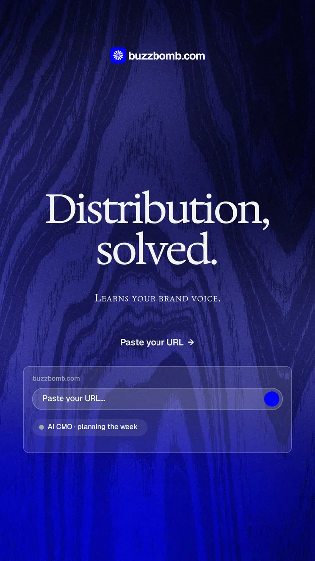 Instagram story for BuzzBomb: "Distribution, solved." Agentic glass style, smallcaps layout, dark palette in blue, black.