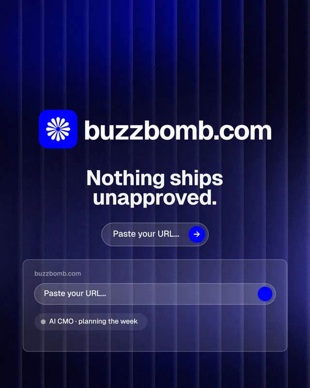 Instagram portrait post for BuzzBomb: "Nothing ships unapproved." Agentic glass style, logo hero layout, dark palette in black, blue, grey.