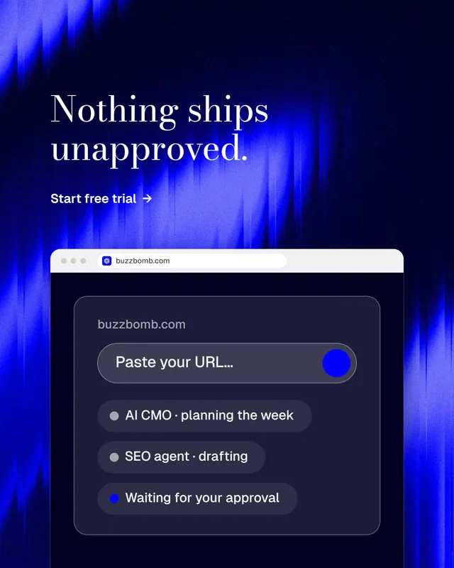 Instagram portrait post for BuzzBomb: "Nothing ships unapproved." Minimal luxury style, browser layout, dark palette in black, blue.