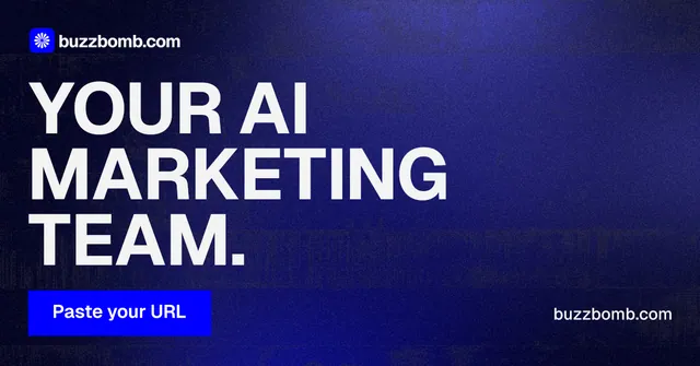 Social ad for BuzzBomb: "Your AI marketing team." Swiss style, poster layout, dark palette in blue, grey.
