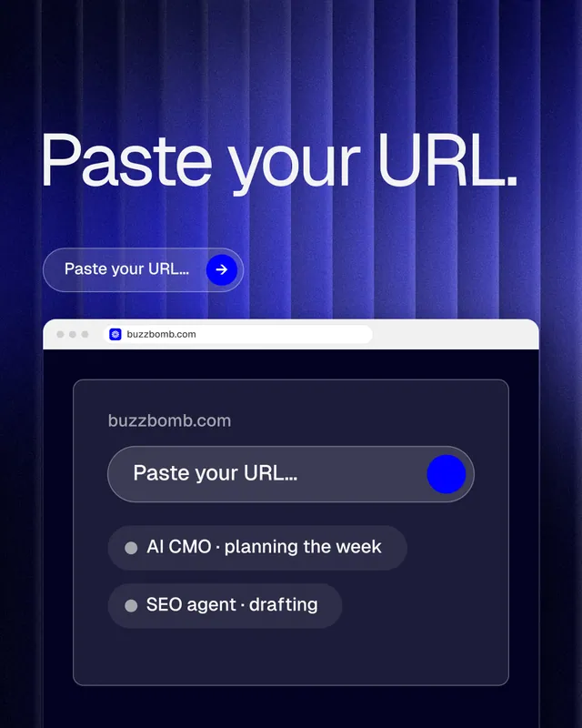 Instagram portrait post for BuzzBomb: "Paste your URL." Agentic glass style, browser layout, dark palette in blue, black.