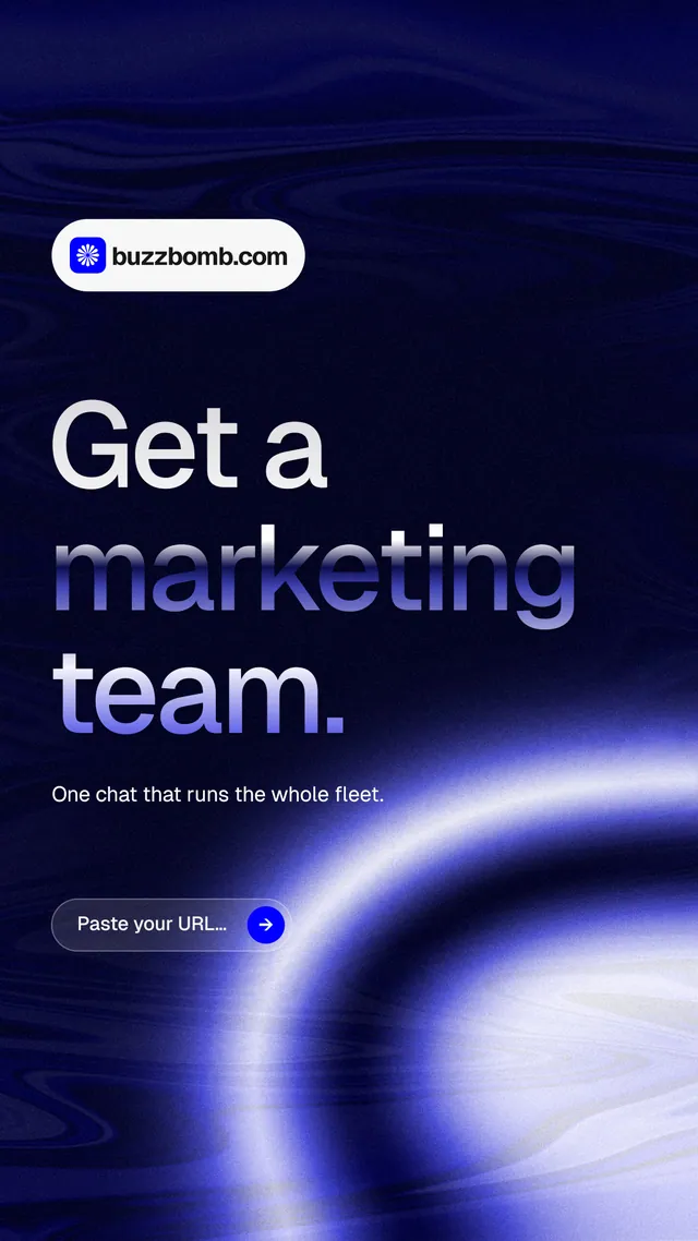 Instagram story for BuzzBomb: "Get a marketing team." Agentic glass style, announce layout, dark palette in black, blue.