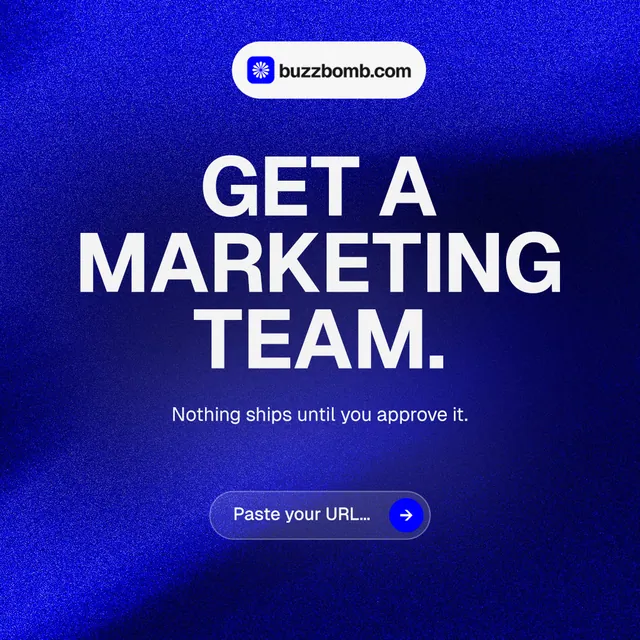 Instagram post for BuzzBomb: "Get a marketing team." Agentic glass style, centred layout, dark palette in blue.