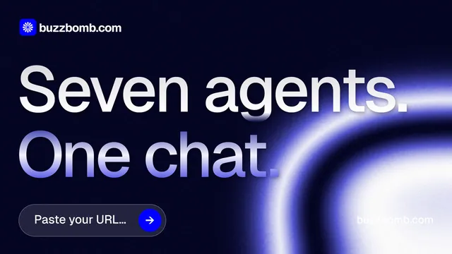 Landscape graphic for BuzzBomb: "Seven agents. One chat." Agentic glass style, poster layout, dark palette in black, blue.
