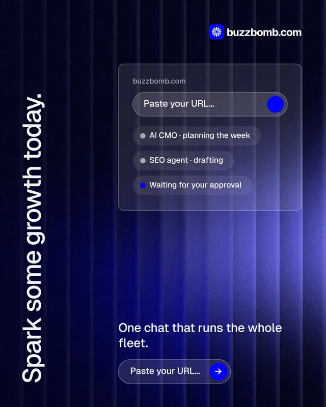 Instagram portrait post for BuzzBomb: "Spark some growth today." Agentic glass style, vertical layout, dark palette in black, blue.
