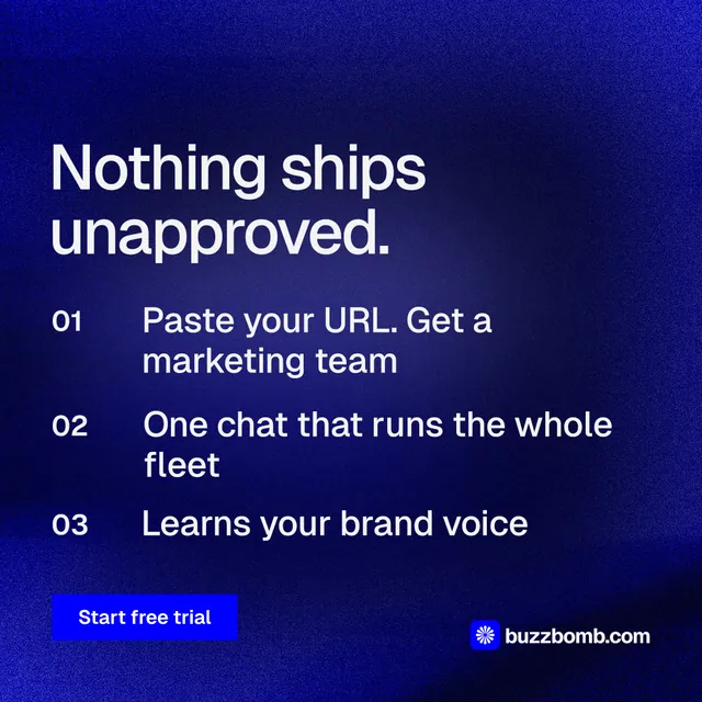 Instagram post for BuzzBomb: "Nothing ships unapproved." Swiss style, numbered layout, dark palette in blue.