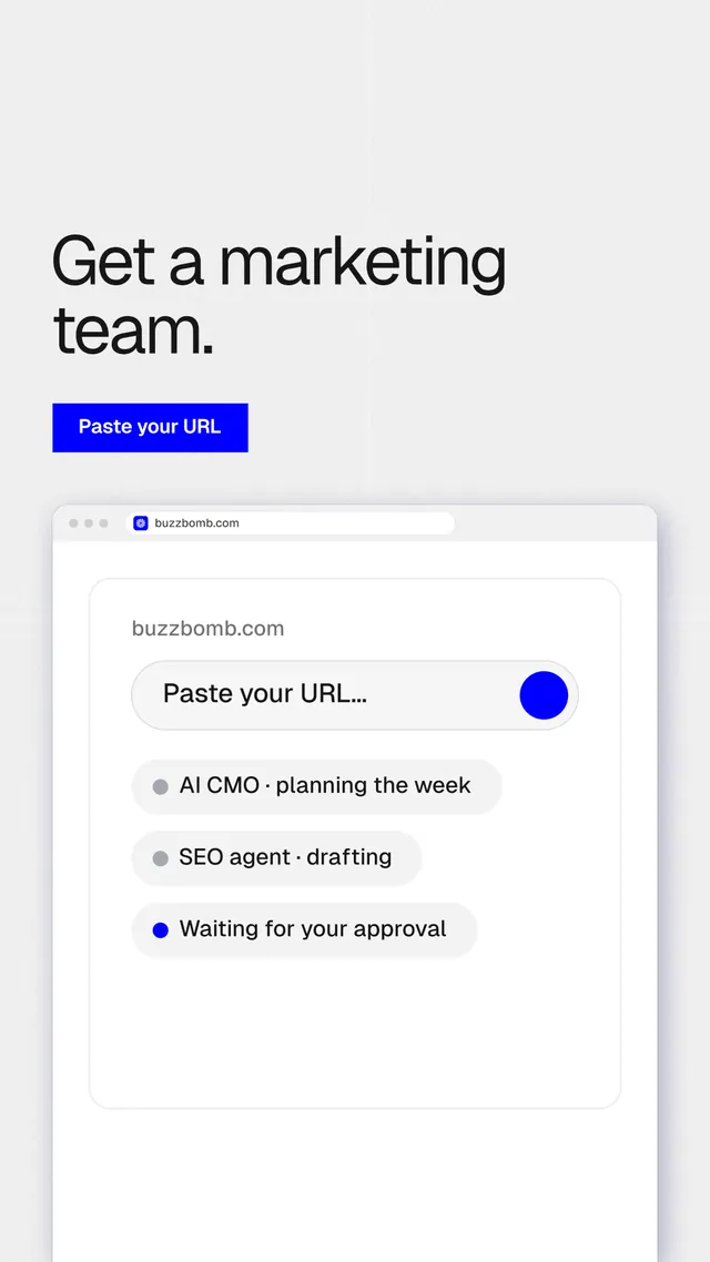 Instagram story for BuzzBomb: "Get a marketing team." Swiss style, browser layout, light palette in white, blue.