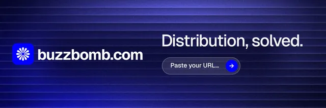 X header for BuzzBomb: "Distribution, solved." Agentic glass style, logo hero layout, dark palette in blue.