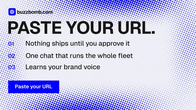 Landscape graphic for BuzzBomb: "Paste your URL." Split block style, numbered layout, light palette in blue, white.