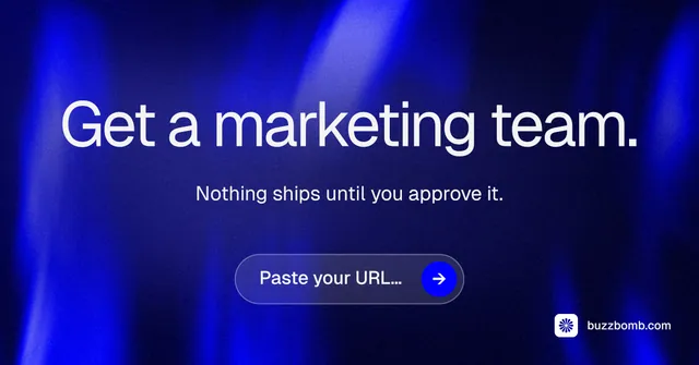 Social ad for BuzzBomb: "Get a marketing team." Agentic glass style, centred layout, dark palette in black, blue.