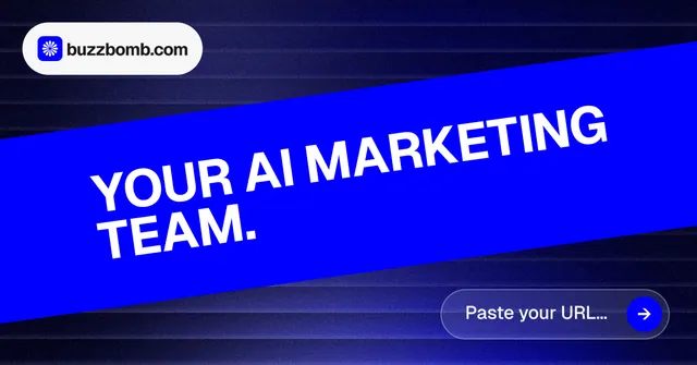Social ad for BuzzBomb: "Your AI marketing team." Agentic glass style, diagonal layout, dark palette in blue.