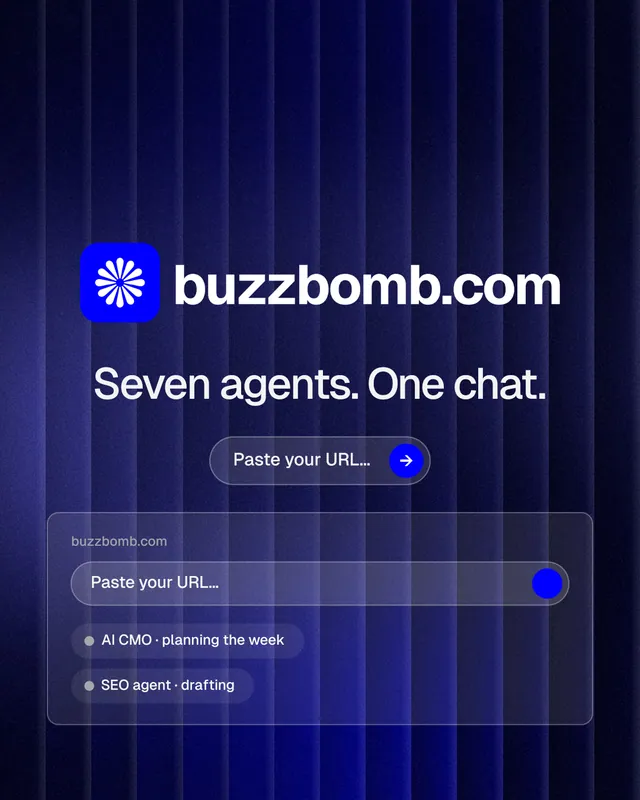 Instagram portrait post for BuzzBomb: "Seven agents. One chat." Agentic glass style, logo hero layout, dark palette in black, blue.