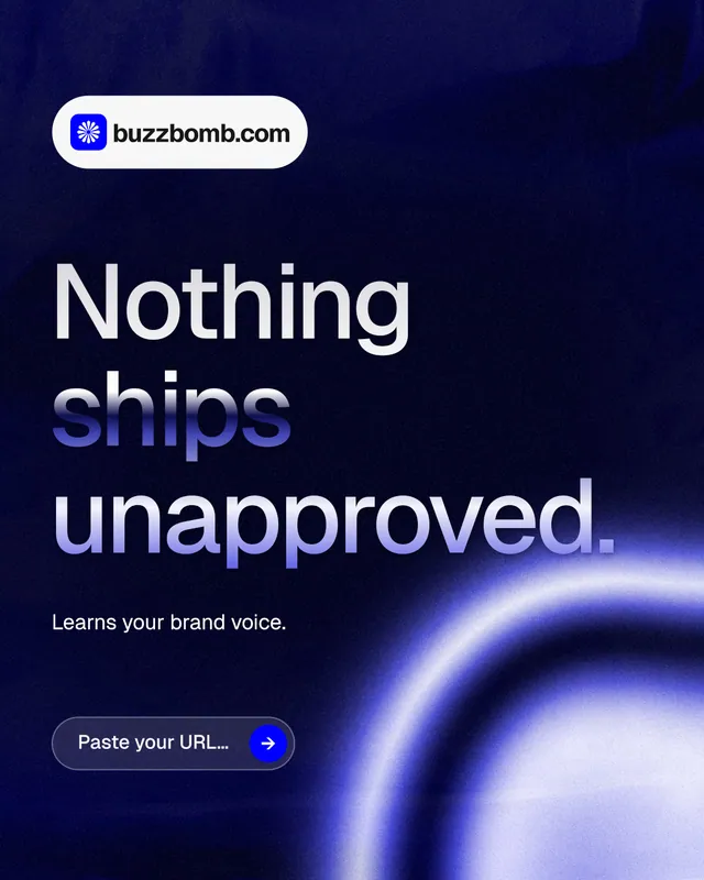 Instagram portrait post for BuzzBomb: "Nothing ships unapproved." Agentic glass style, announce layout, dark palette in black, blue.