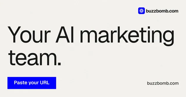 Social ad for BuzzBomb: "Your AI marketing team." Swiss style, poster layout, light palette in white, blue.