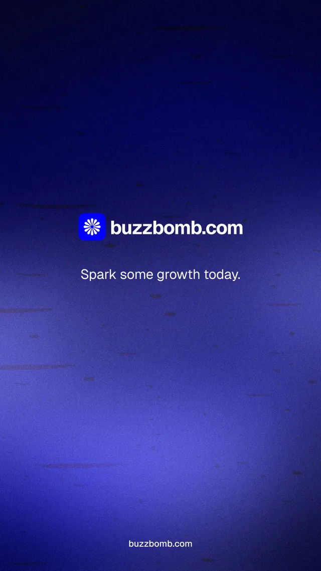 Instagram story for BuzzBomb: "Spark some growth today." Swiss style, end card layout, dark palette in blue.