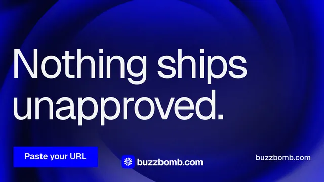Landscape graphic for BuzzBomb: "Nothing ships unapproved." Swiss style, poster layout, dark palette in blue, grey.