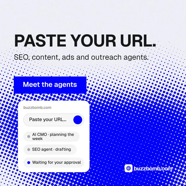Instagram post for BuzzBomb: "Paste your URL." Swiss style, skeleton layout, light palette in white, blue.