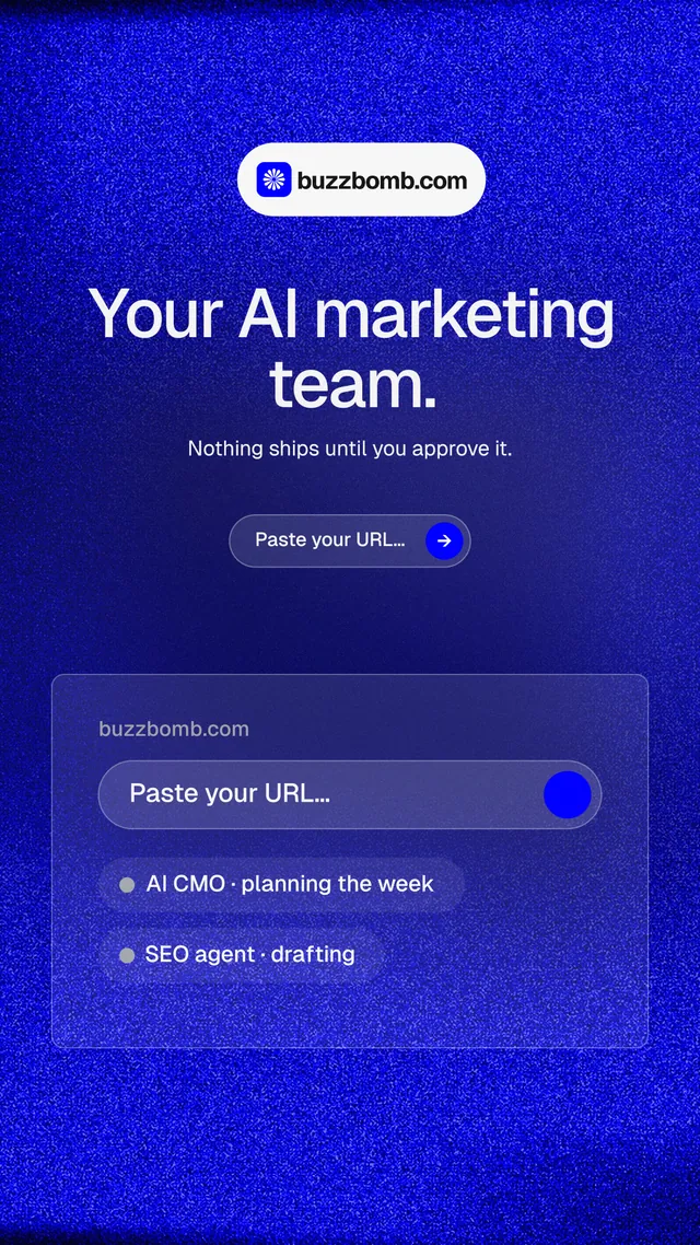 Instagram story for BuzzBomb: "Your AI marketing team." Agentic glass style, centred layout, dark palette in blue.