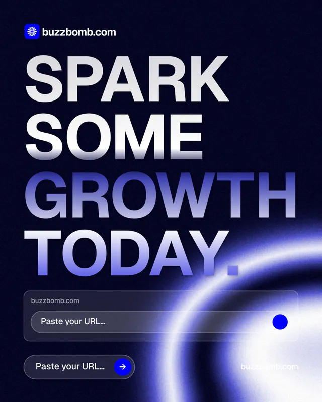 Instagram portrait post for BuzzBomb: "Spark some growth today." Agentic glass style, poster layout, dark palette in black, blue.