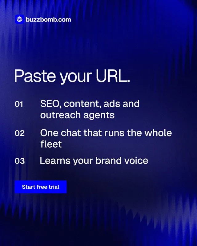 Instagram portrait post for BuzzBomb: "Paste your URL." Swiss style, numbered layout, dark palette in blue.