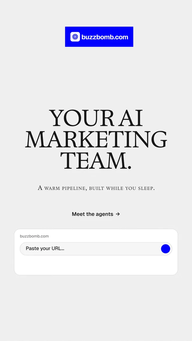Instagram story for BuzzBomb: "Your AI marketing team." Swiss style, smallcaps layout, light palette in white, blue.