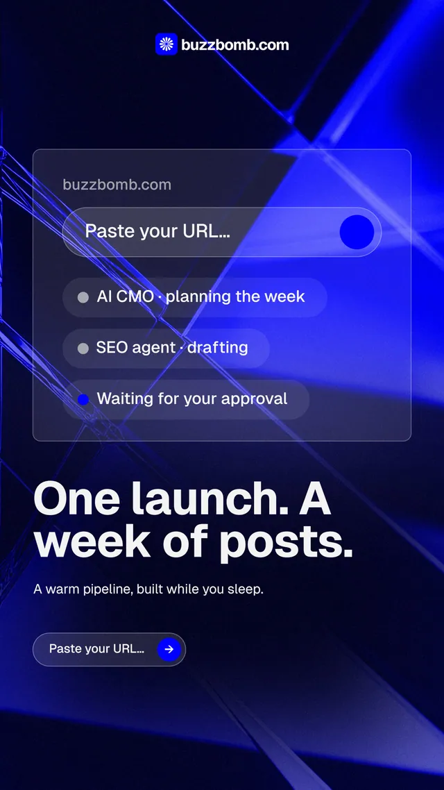 Instagram story for BuzzBomb: "One launch. A week of posts." Agentic glass style, bottom layout, dark palette in black, blue.