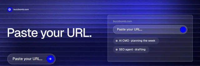 X header for BuzzBomb: "Paste your URL." Agentic glass style, bottom layout, dark palette in blue.