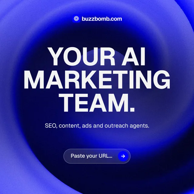 Instagram post for BuzzBomb: "Your AI marketing team." Agentic glass style, centred layout, dark palette in blue.