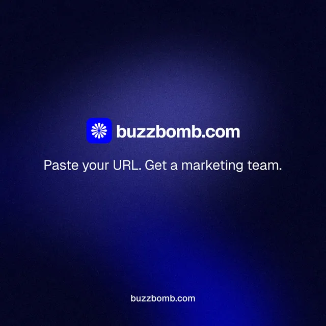 Instagram post for BuzzBomb: "Distribution, solved." Agentic glass style, end card layout, dark palette in black, blue.