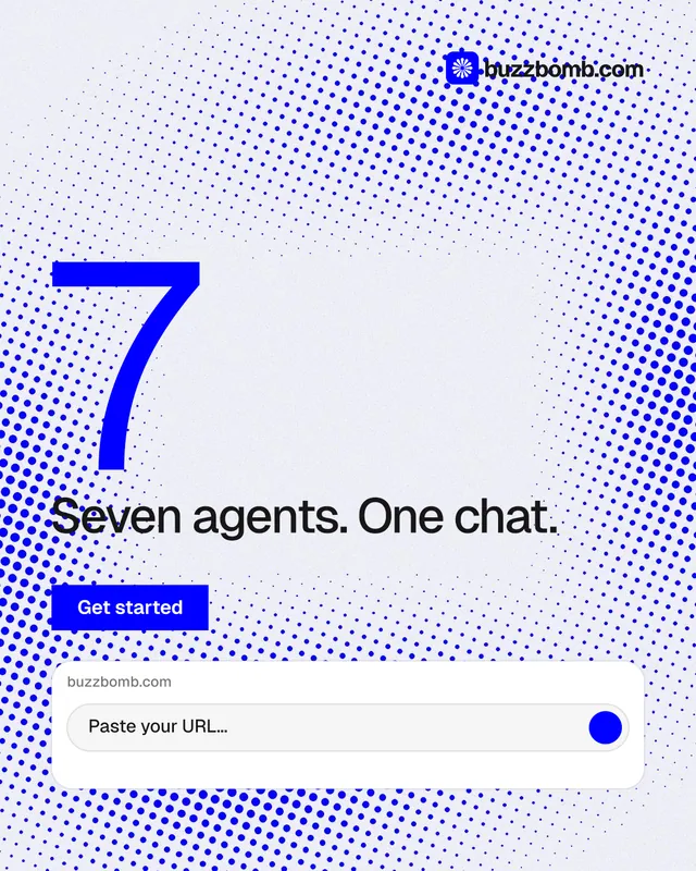 Instagram portrait post for BuzzBomb: "Distribution, solved." Swiss style, stat layout, light palette in blue, white.