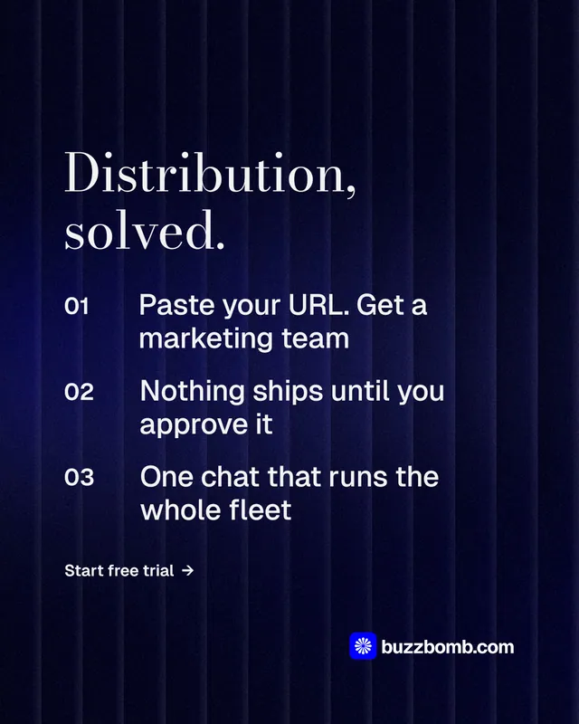 Instagram portrait post for BuzzBomb: "Distribution, solved." Minimal luxury style, numbered layout, dark palette in black, blue, grey.