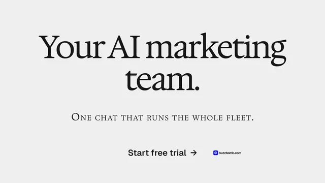 Landscape graphic for BuzzBomb: "Your AI marketing team." Swiss style, smallcaps layout, light palette in white, grey.