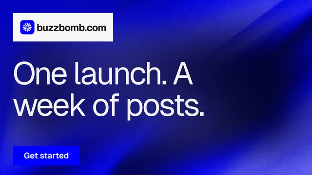 Landscape graphic for BuzzBomb: "One launch. A week of posts." Swiss style, announce layout, dark palette in blue.