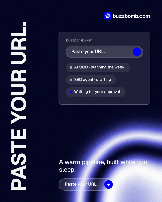Instagram portrait post for BuzzBomb: "Paste your URL." Agentic glass style, vertical layout, dark palette in black, blue.