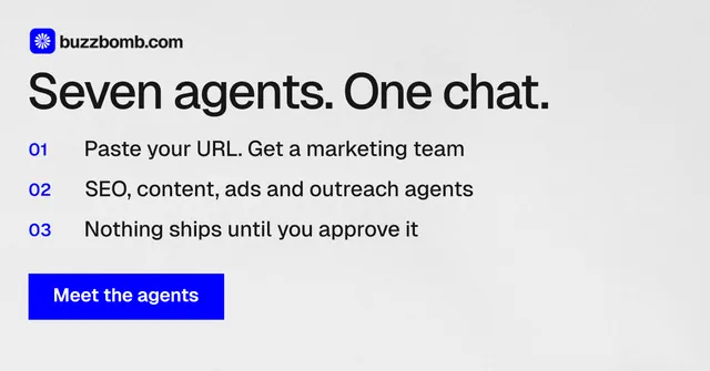 Social ad for BuzzBomb: "Seven agents. One chat." Swiss style, numbered layout, light palette in white, blue.