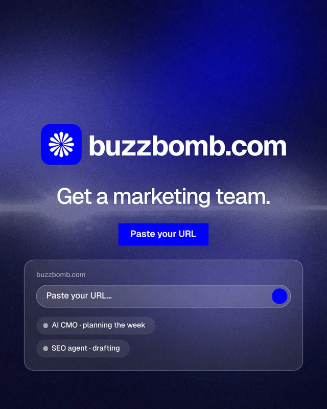 Instagram portrait post for BuzzBomb: "Get a marketing team." Swiss style, logo hero layout, dark palette in blue.
