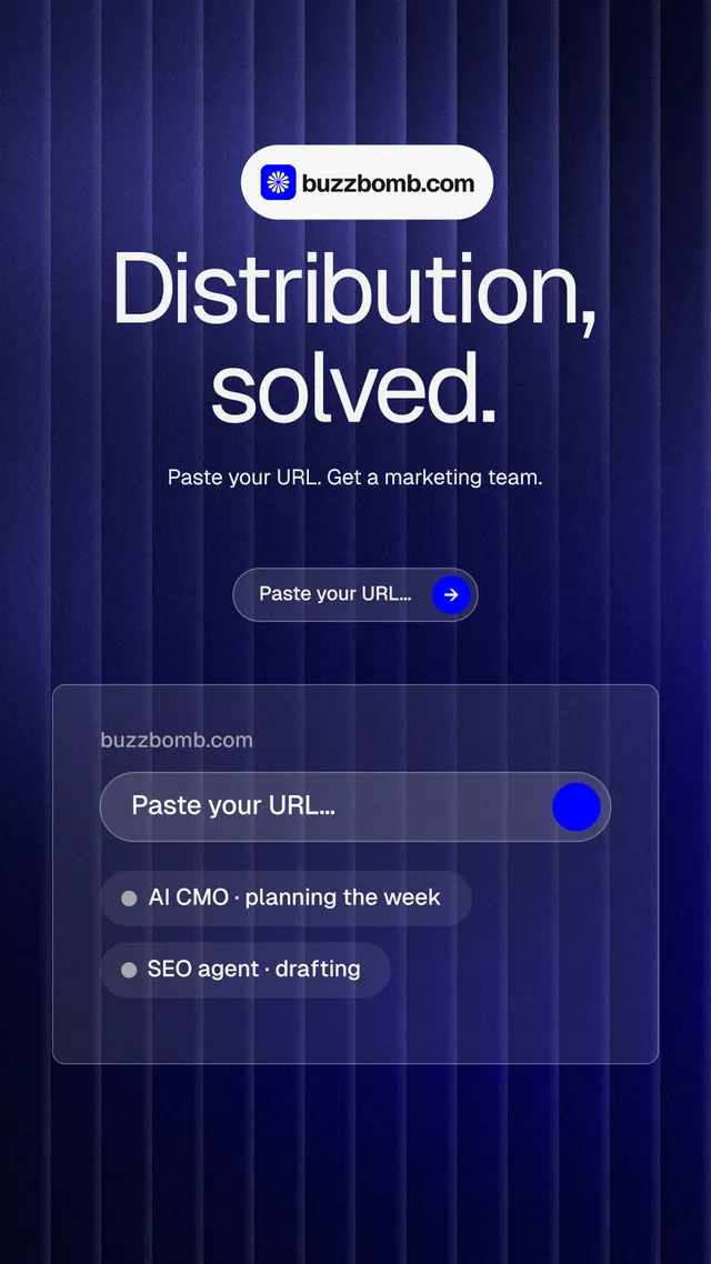 Instagram story for BuzzBomb: "Distribution, solved." Agentic glass style, centred layout, dark palette in blue, grey.