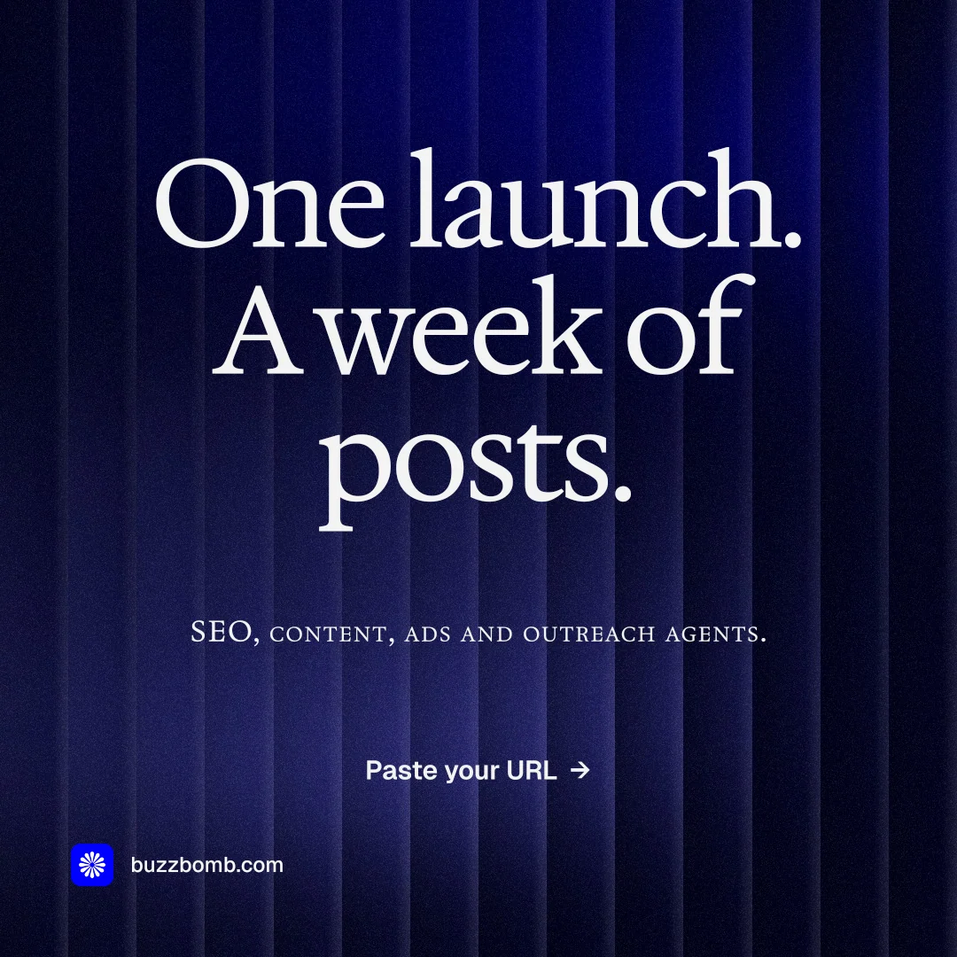 Instagram post for BuzzBomb: "One launch. A week of posts." Agentic glass style, smallcaps layout, dark palette in black, blue, grey.