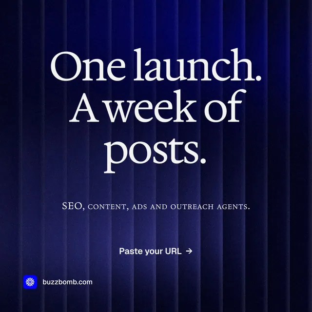 Instagram post for BuzzBomb: "One launch. A week of posts." Agentic glass style, smallcaps layout, dark palette in black, blue, grey.