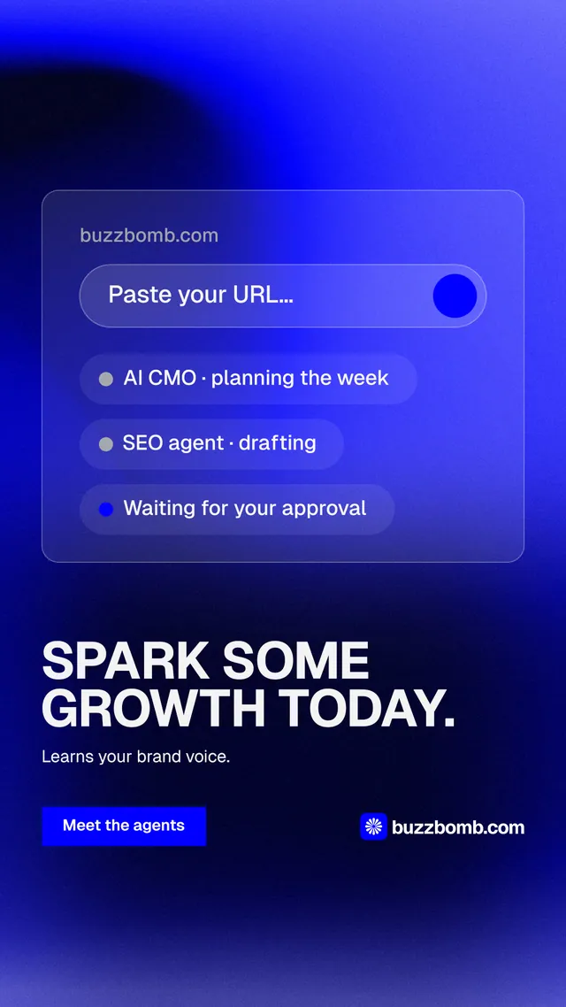 Instagram story for BuzzBomb: "Spark some growth today." Swiss style, bottom layout, dark palette in blue.