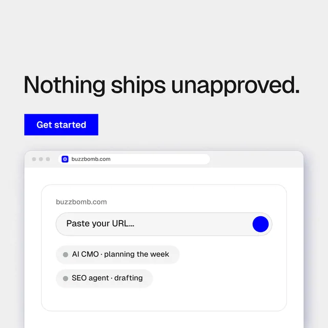 Instagram post for BuzzBomb: "Nothing ships unapproved." Swiss style, browser layout, light palette in white, blue.